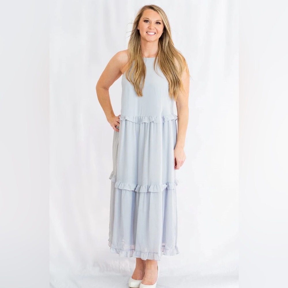 She + Sky Cami Woven Midi Dress with Ruffled Detail Misty Blue Large L